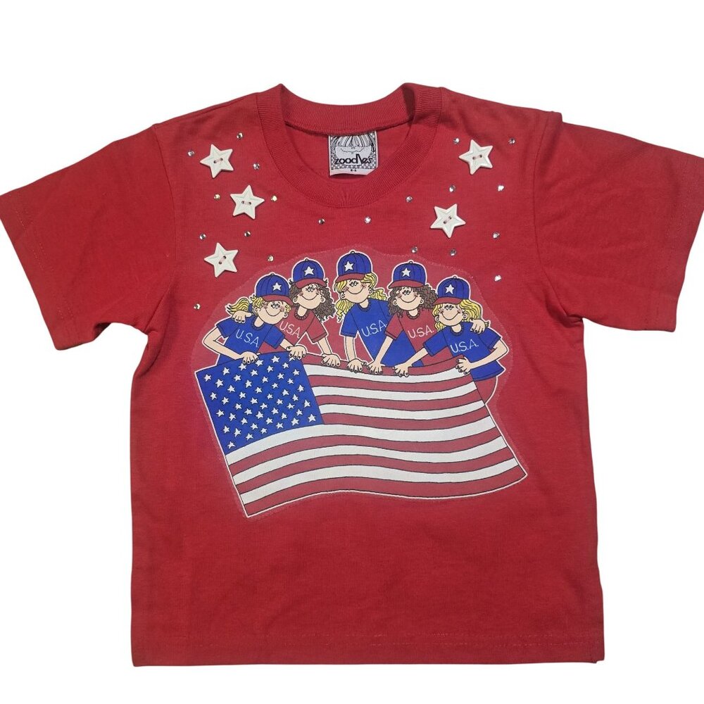 Vintage Zoodles Patriotic Kids Graphic T-Shirt Red USA Flag Stars Size 5-6